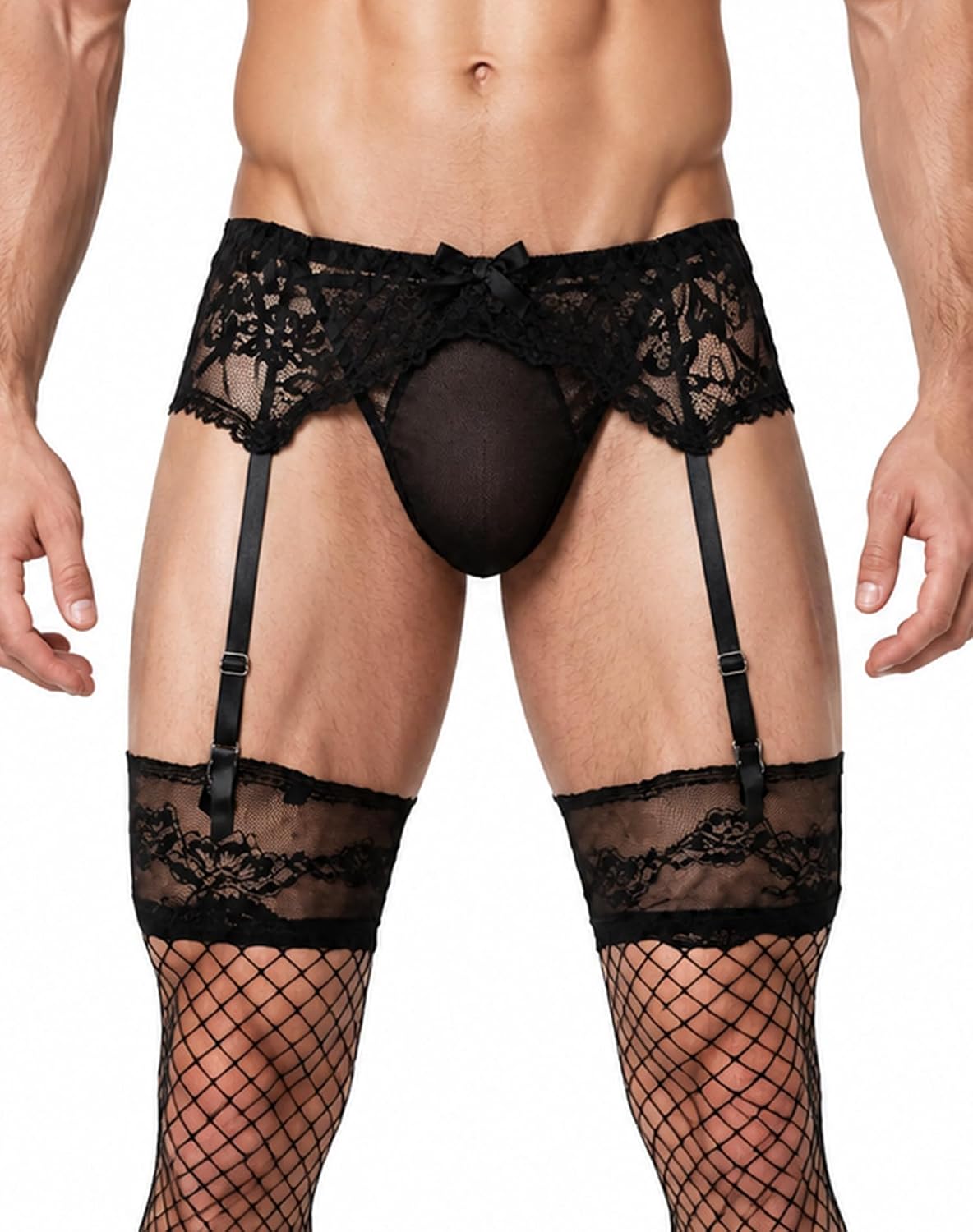 Men's 4-Strap Lace Garter Belt with Thong Adjustable Suspenders Garter Belts for Thigh Highs, S/M/L/XL