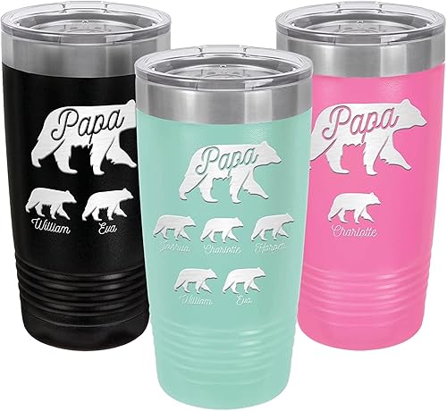 Miniatura 1 de Vaso personalizado de papá Bear and Cubs de 20 onzas  Taza de viaje de acero inoxidable aislada personalizada con tapa hasta 5 nombres de niños
