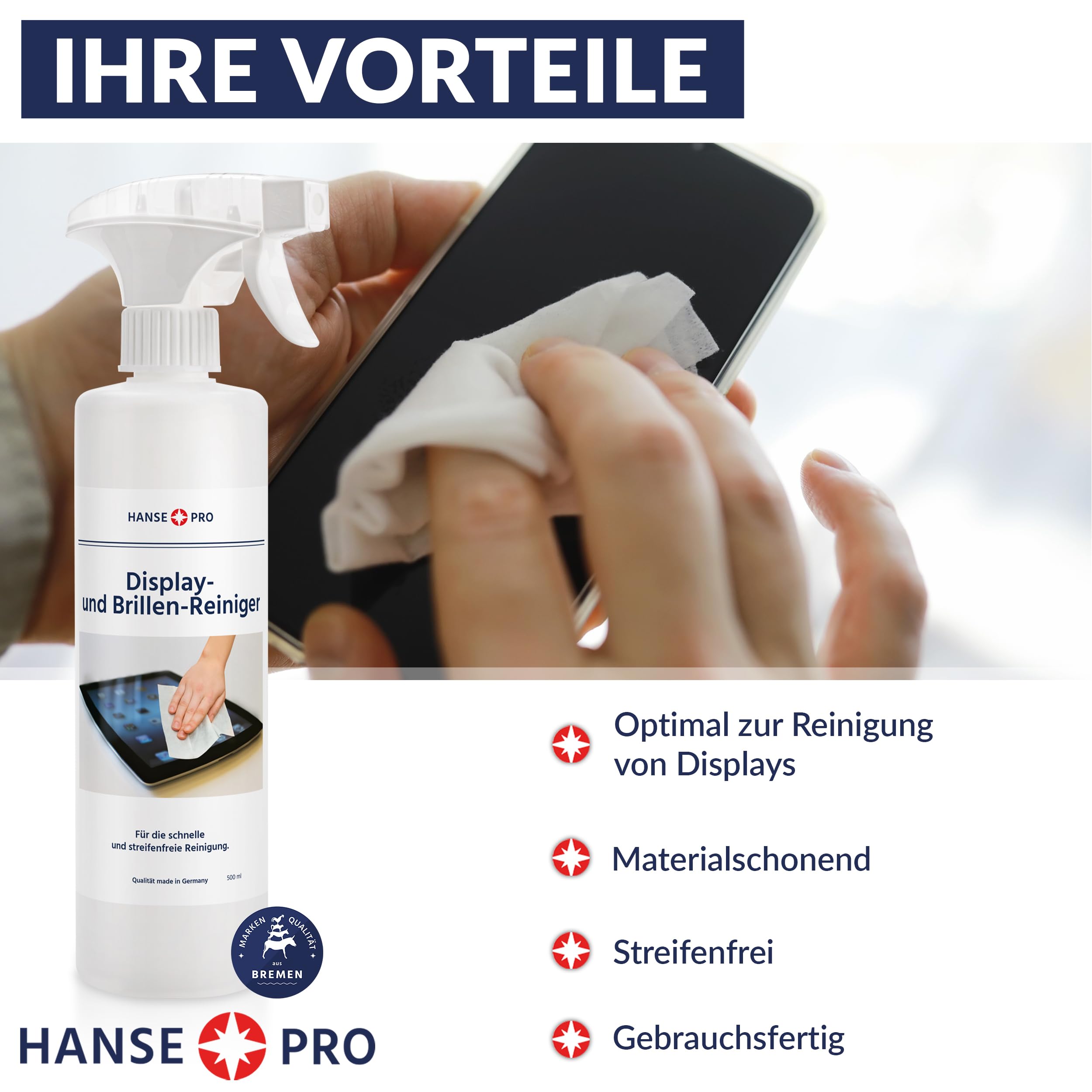 HANSE PRO Displayreiniger, 4 x 500 ml I Bildschirm-Reiniger I Screen Cleaner I ideal für Monitor, PC, Computer, Tablet, Smartphone, Notebook
