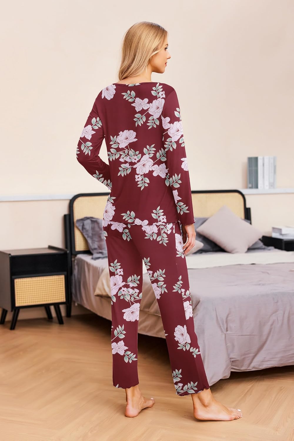 Ekouaer Womens 2 Pack Pajama Set Long Sleeve Pajamas Top and Pants V Neck Pjs Set Soft Sleepwear Loungewear - Image 6