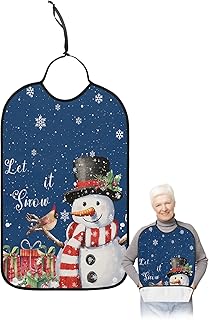 Adult Bibs for Elderly Women - Navy Blue Christmas Waterproof Dining Clothing Protectors with Crumb Catcher for Eating/Feeding, Xmas Snowman Birds Berry Winter Snowflake Terry Cloth Bib Washable