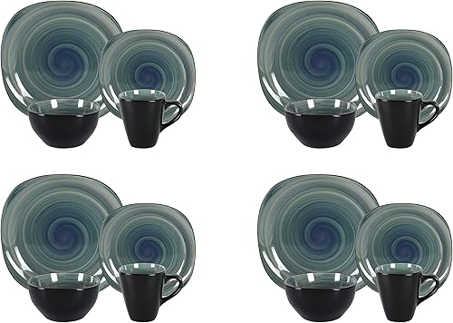 Miniatura 4 de Juego de vajilla cuadrada de gres de 16 piezas, diseño de espiral, color azul y negro exterior