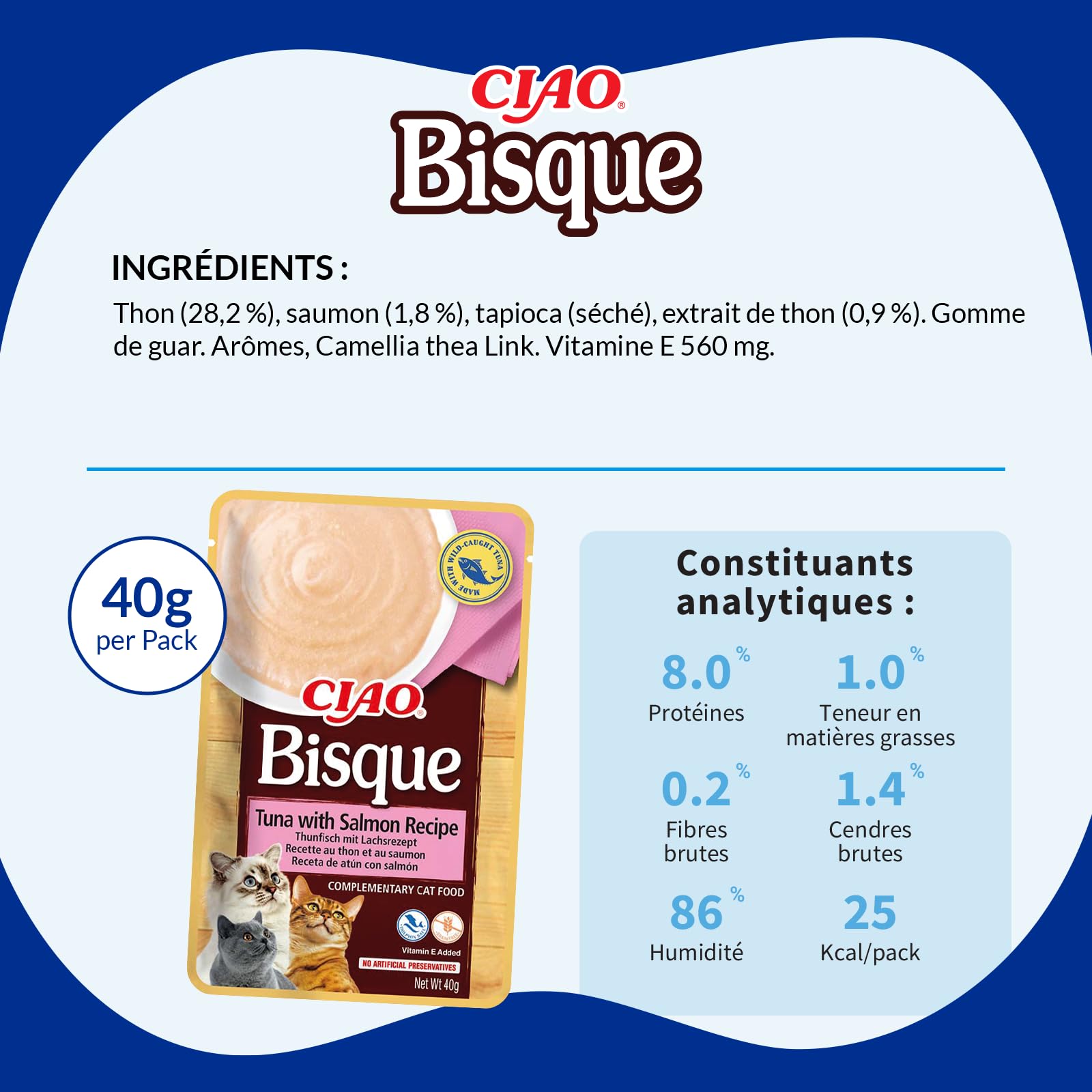 INABA Ciao - Bisque Thon & Saumon - Friandise pour Chat Humide - 1 x 40g - Délicieuse et Saine - Purée - Plat d'accompagnement - Complément Naturel et sans céréales - Pâtée pour Chat