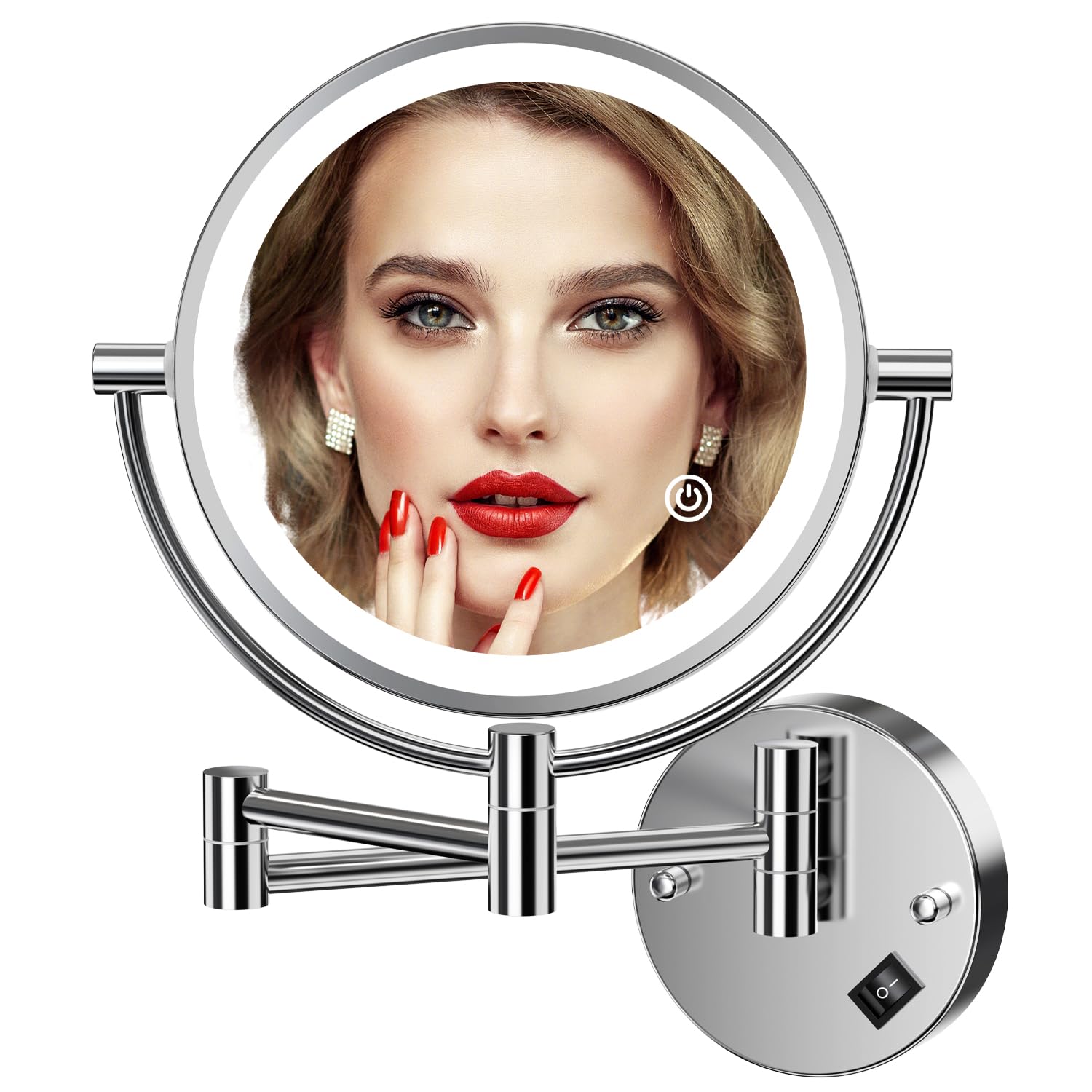 Auxmir Espejo Maquillaje con Luz Pared, Aumento 1X/10X Doble Cara Giratorio 360, Espejo Baño Extensible Táctil con Enchufe, 3 Colores Brillo Regulable, para Hotel, SPA, Plata