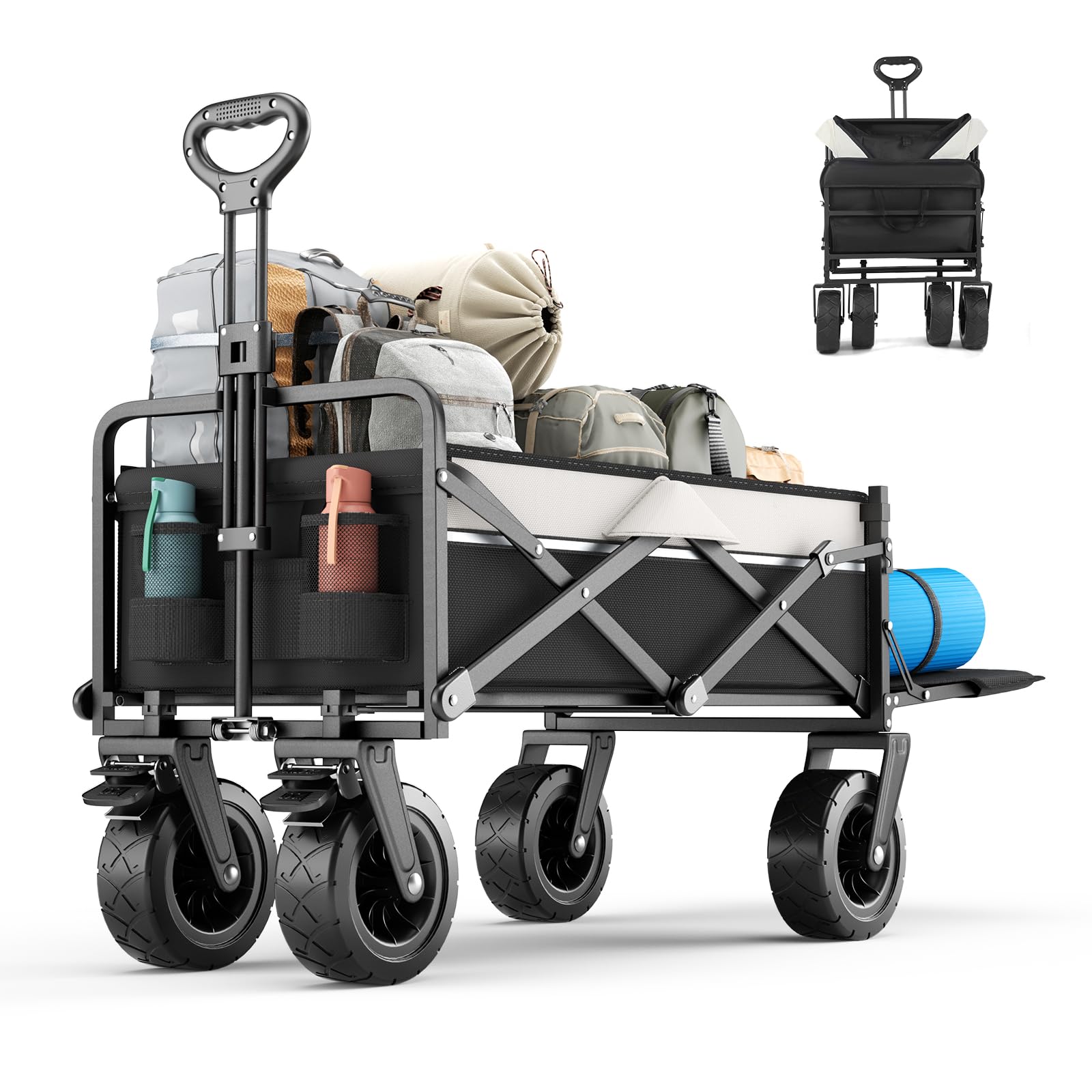 Carrello da Giardino 120L - Pieghevole con Maniglia Regolabile per Campeggio, Picnic all'Aperto e Spiaggia