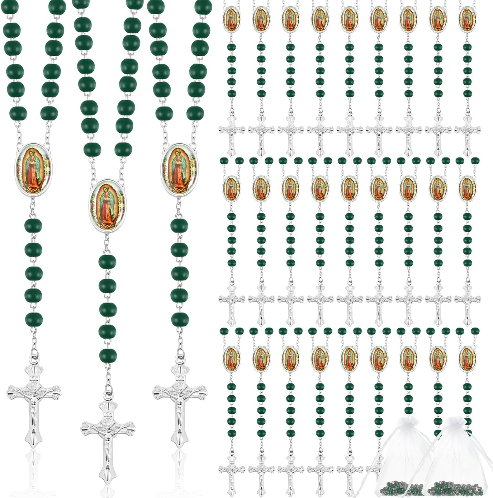 36 Pcs Wooden Bead Rosary Necklace with Crucifix and Our Lady of Guadalupe Scented First Communion Rosary with 36 Organza Bags Baptism Favors Catholic Gift for Men Women, Metal Wood, No Gemstone