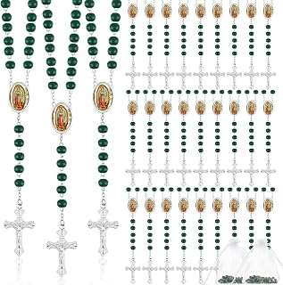 36 Pcs Wooden Bead Rosary Necklace with Crucifix and Our Lady of Guadalupe Scented First Communion Rosary with 36 Organza Bags Baptism Favors Catholic Gift for Men Women