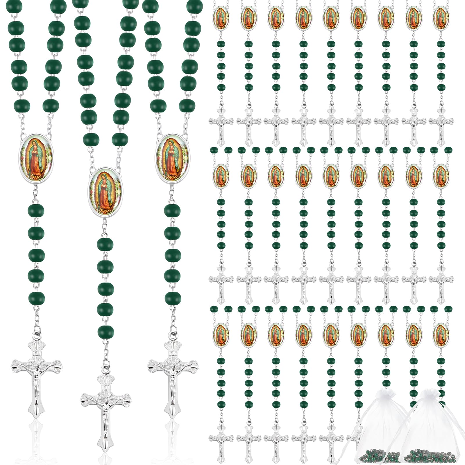 36 Pcs Wooden Bead Rosary Necklace with Crucifix and Our Lady of Guadalupe Scented First Communion Rosary with 36 Organza Bags Baptism Favors Catholic Gift for Men Women, Metal Wood, No Gemstone