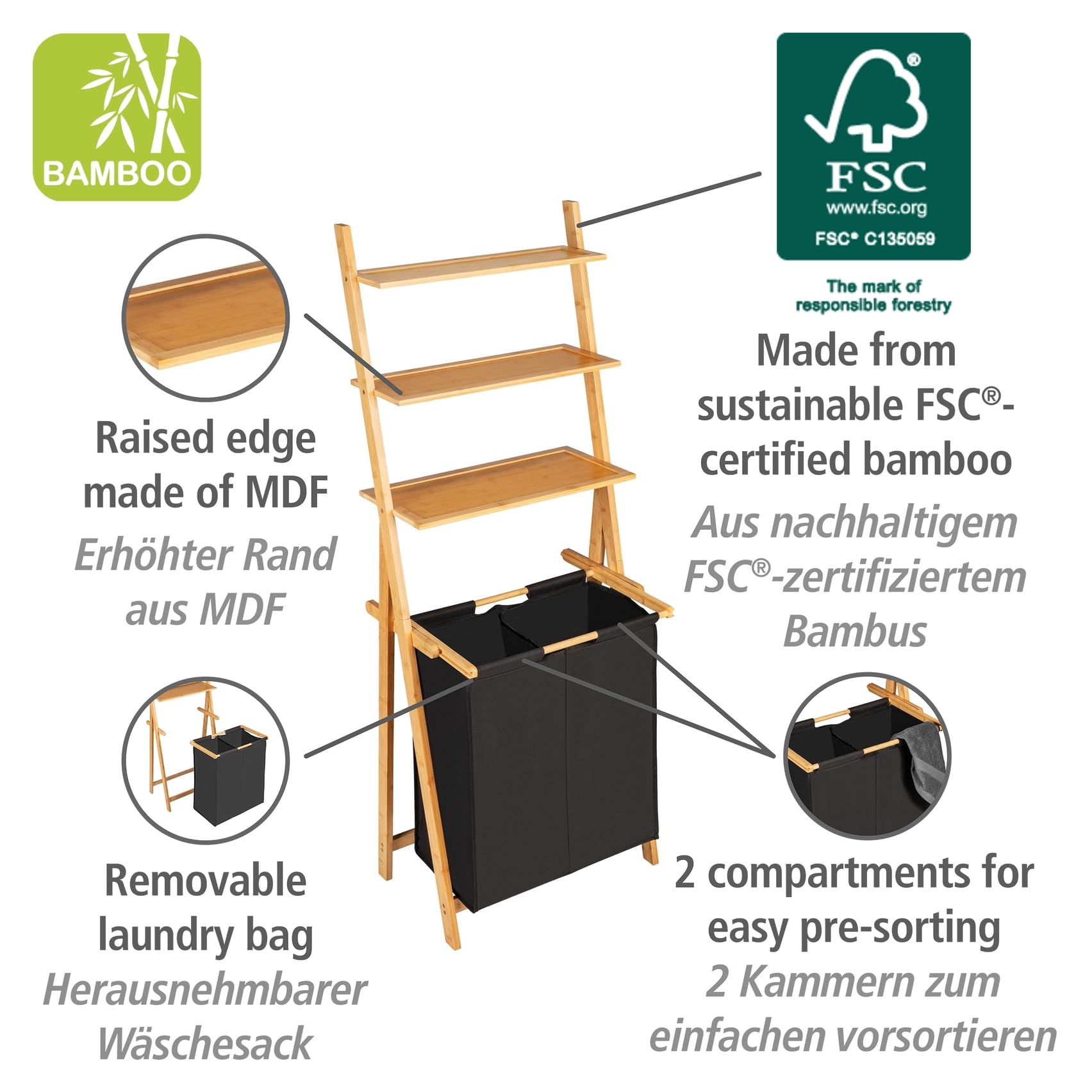 WENKO Leiterregal mit Wäschesammler Ecori, Leiter aus Bambus, Wäschekorb mit 2 Fächern (je ca. 33 L), Textil aus recyceltem Polyester, Schwarz