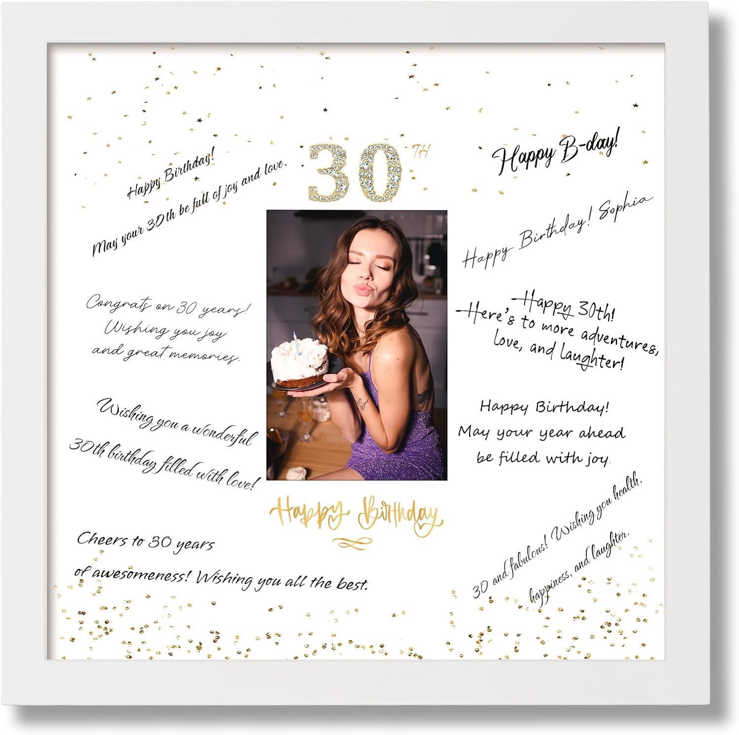 13x13 Birthday Signature Frame with Plexiglass Cover - Holds 4x6 Photos, 30th Birthday Decorations, Alternative Guest Book Gifts for Men & Women, 30th Party Favors, Wall Display & Supplies, White