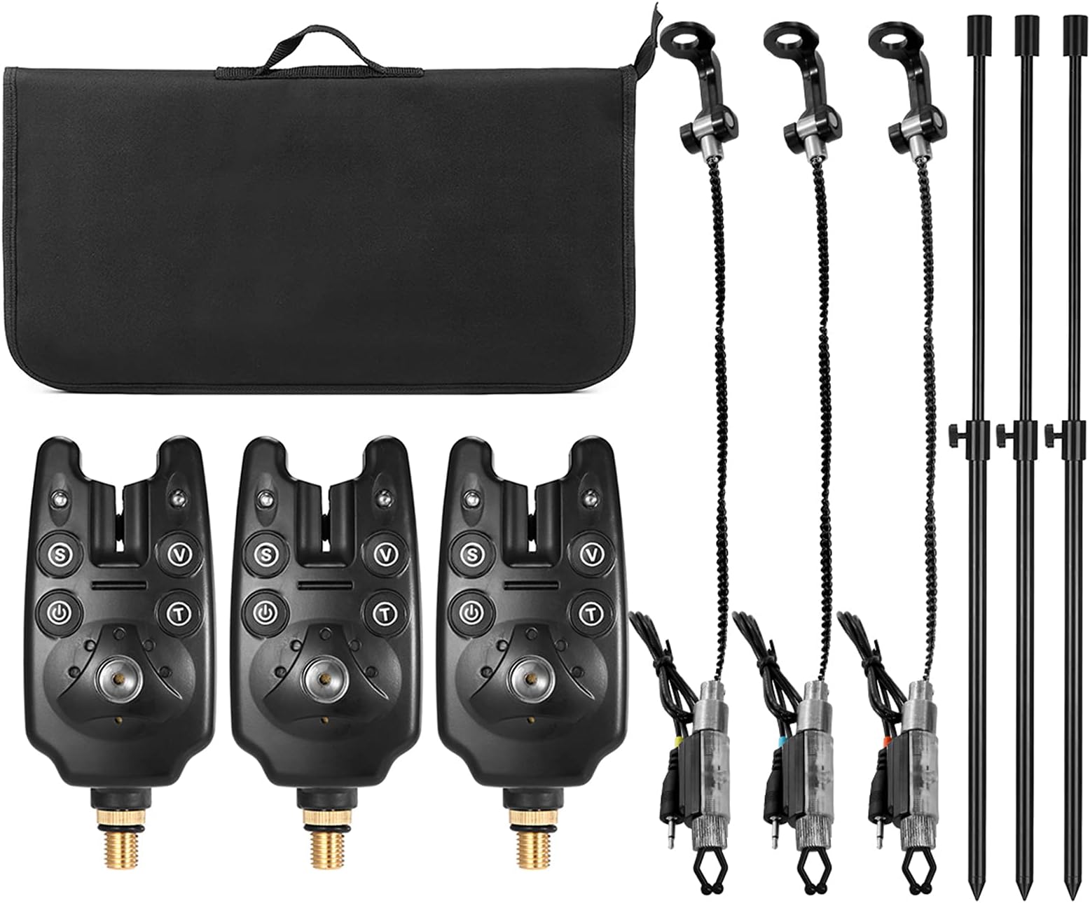Fishing Bite Indicators Kit - 3 LED Alarm Alerts, Extending Aluminum Alloy Bankstick, Swinger with Padded Tool Bag