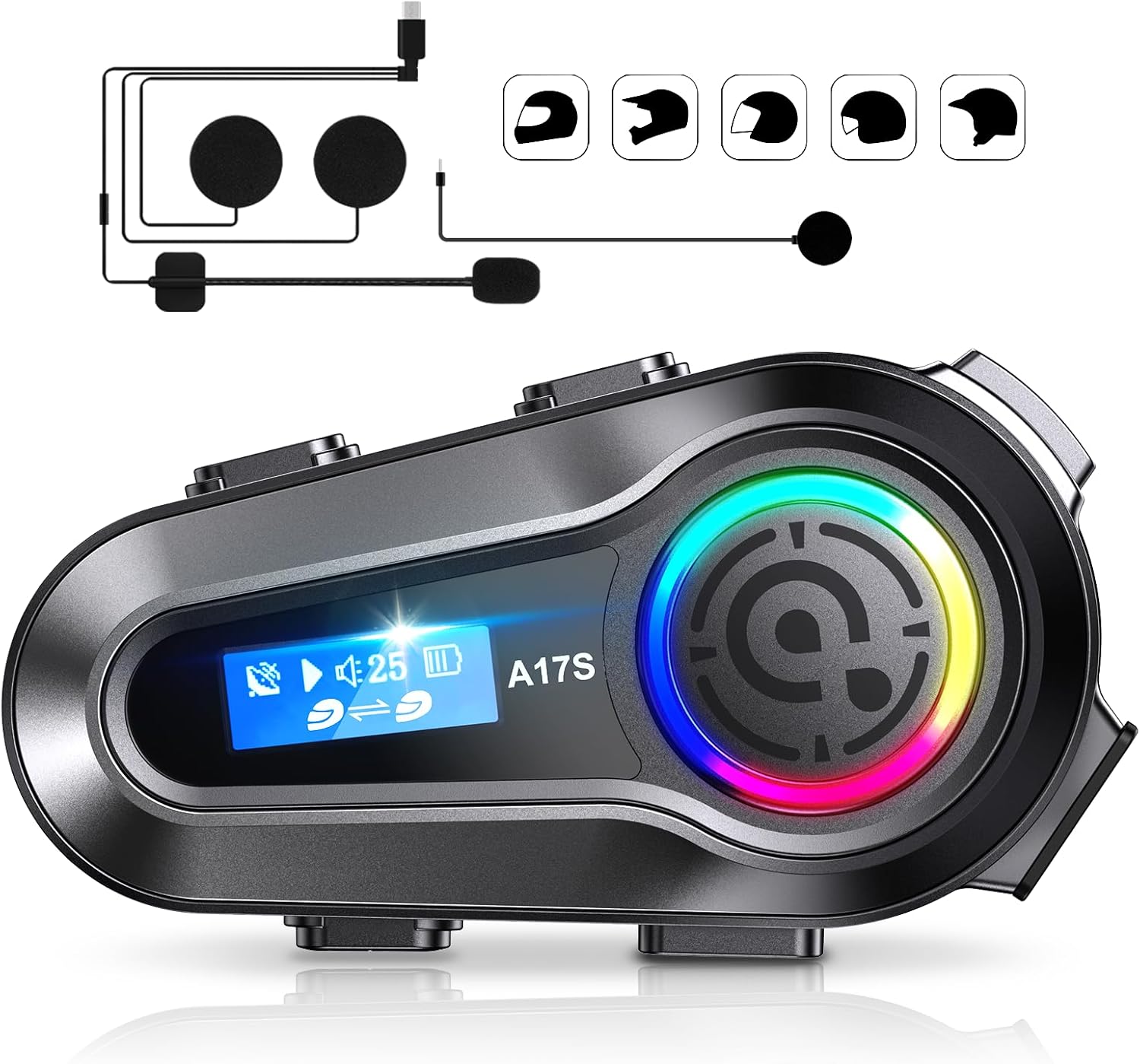 SUOOKC Auriculares Bluetooth para motocicleta, 2 conductores, intercomunicador, casco de motocicleta, altavoces con cancelación de ruido y música