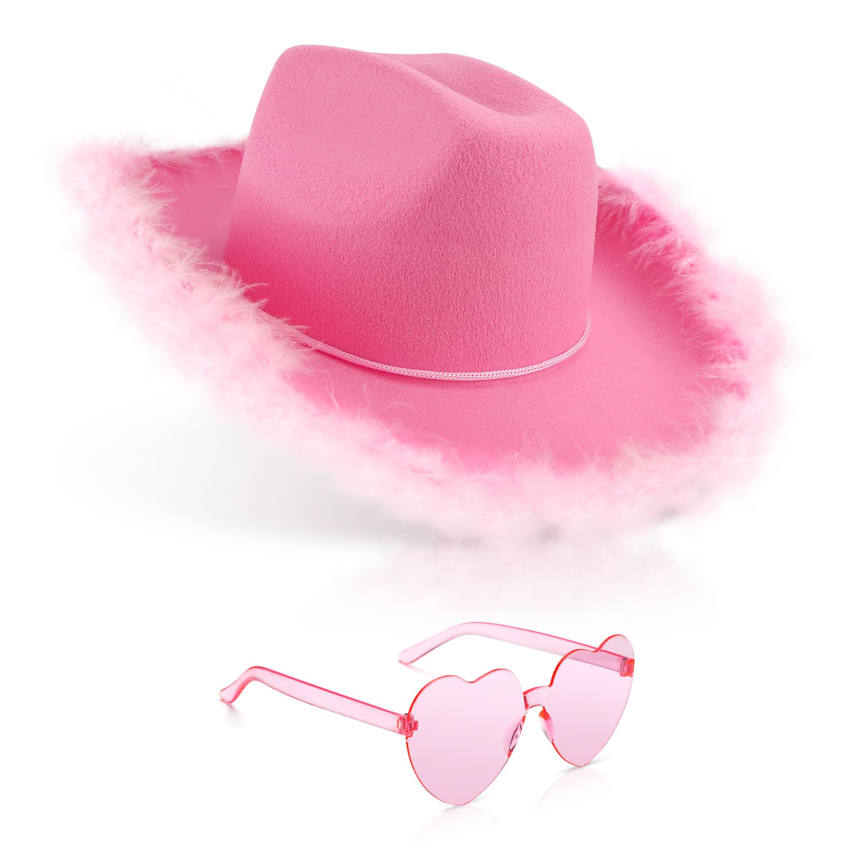 Pink Cowgirl Hat,Cowboy Hats for Women,Pink Heart Sunglasses,Cowgirl Costume,Disco Cowboy Hat with Feathers,Felt Cowboy Hat for Women Western Style,Cowgirl Hats Bachelorette Party Outfit Accessories