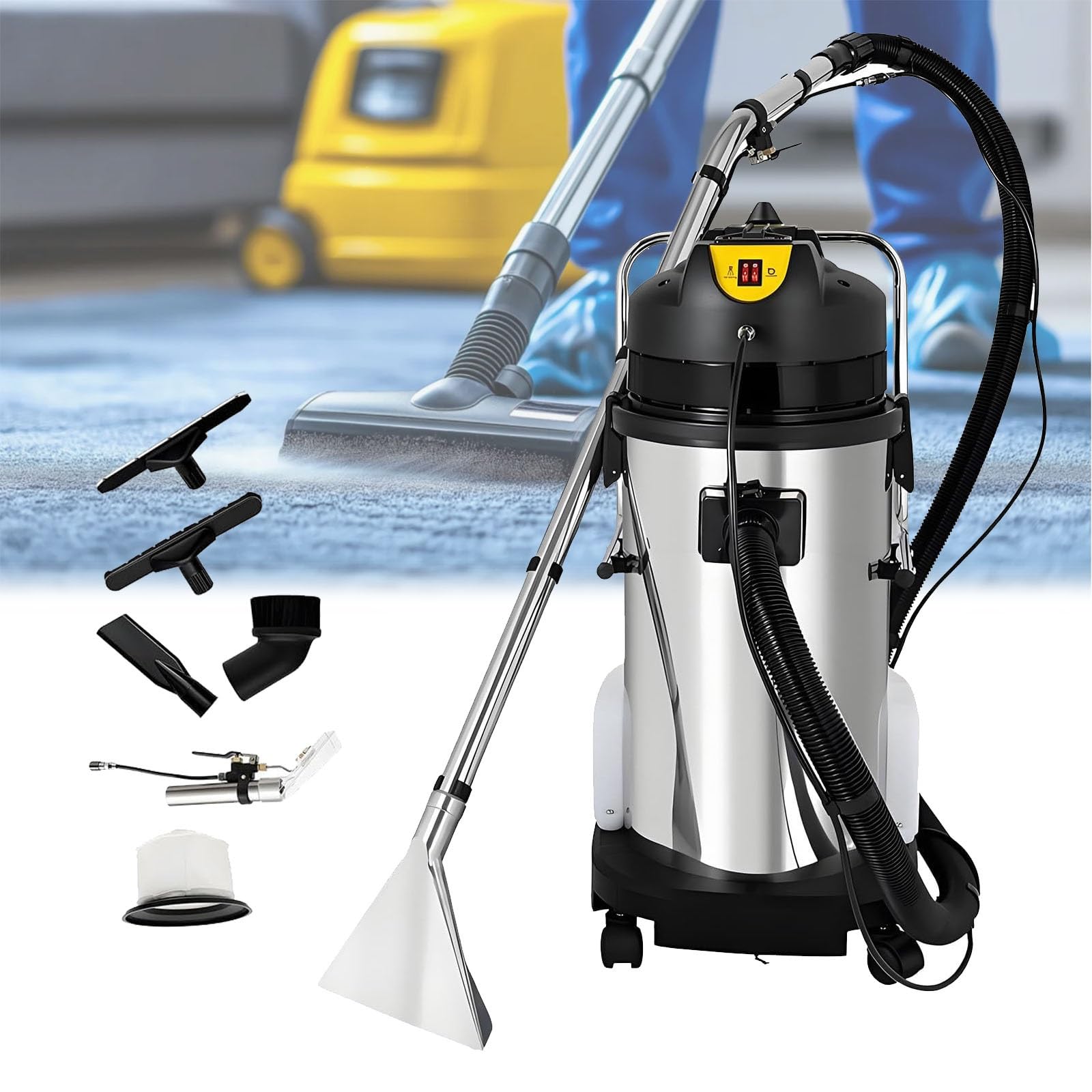 Nettoyeur de tapis de qualité commerciale : un nettoyeur de sols et aspirateur multifonction 3-en-1, conçu pour le nettoyage en profondeur des rideaux, des canapés et des tapis.(30L)