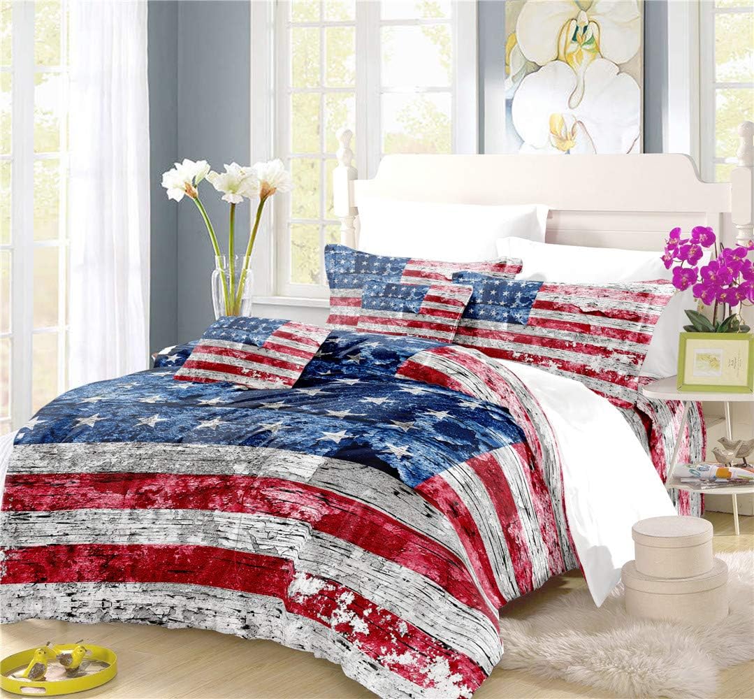 REALIN Stars and Stripes Duvet Cover Set Vintage Bedding Red White Blue Bed Sets 2/3/4PCS Quilt Covers/Sheets/Pillow Shams,Twin/Full/Queen/King (D,King-229x259cm-3PCS)