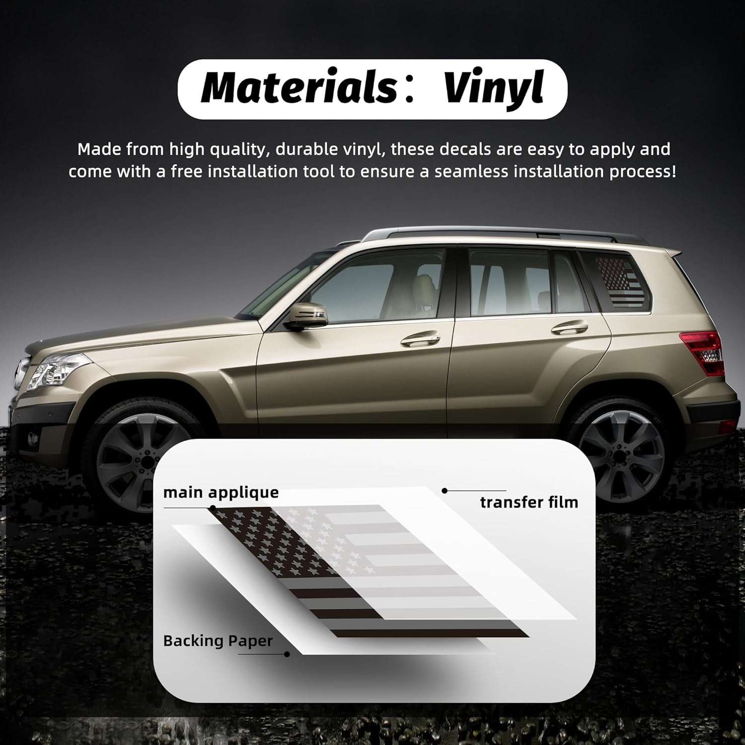 Rear Quarter Window American Flag Decal for Car SUV Trucks, Universal Matte Back USA Flag Side Window Vinyl Sticker, Free Installation Tools (A Pair)