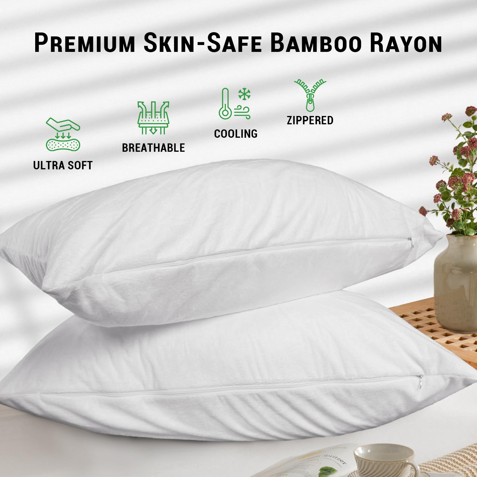 Gogreen Bambus-Kissenbezug 4er-Pack – Wasserdicht, Atmungsaktiv & Kühlend Für Queen Größe (50x76 Cm)