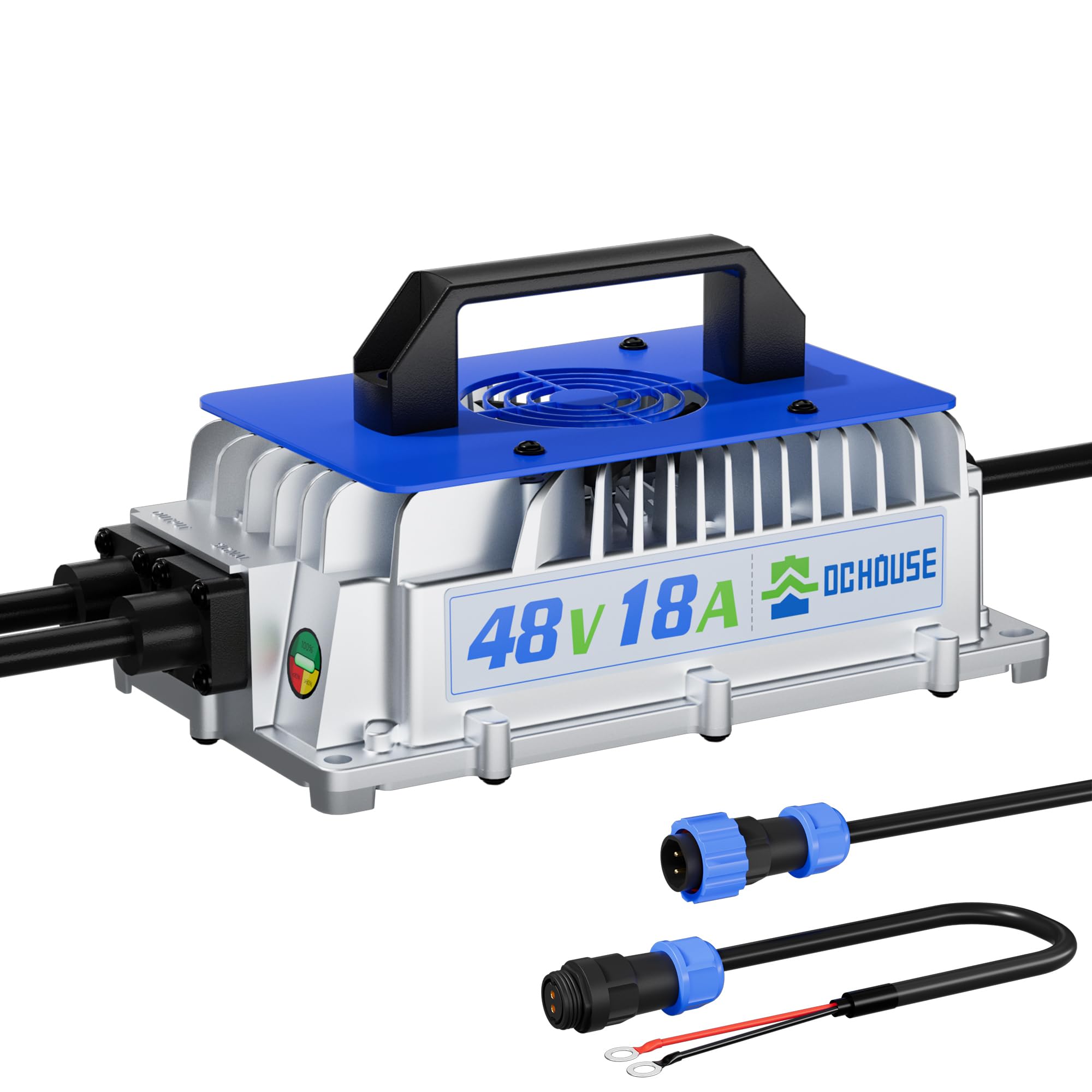 DCHOUSE Caricabatterie al Litio 48V 18A, Caricabatterie Rapido 900W | Efficienza di Ricarica ≥ 93%, IP65 Impermeabile e Antishock con Ventola di Raffreddamento, Per Batterie al Litio 48V