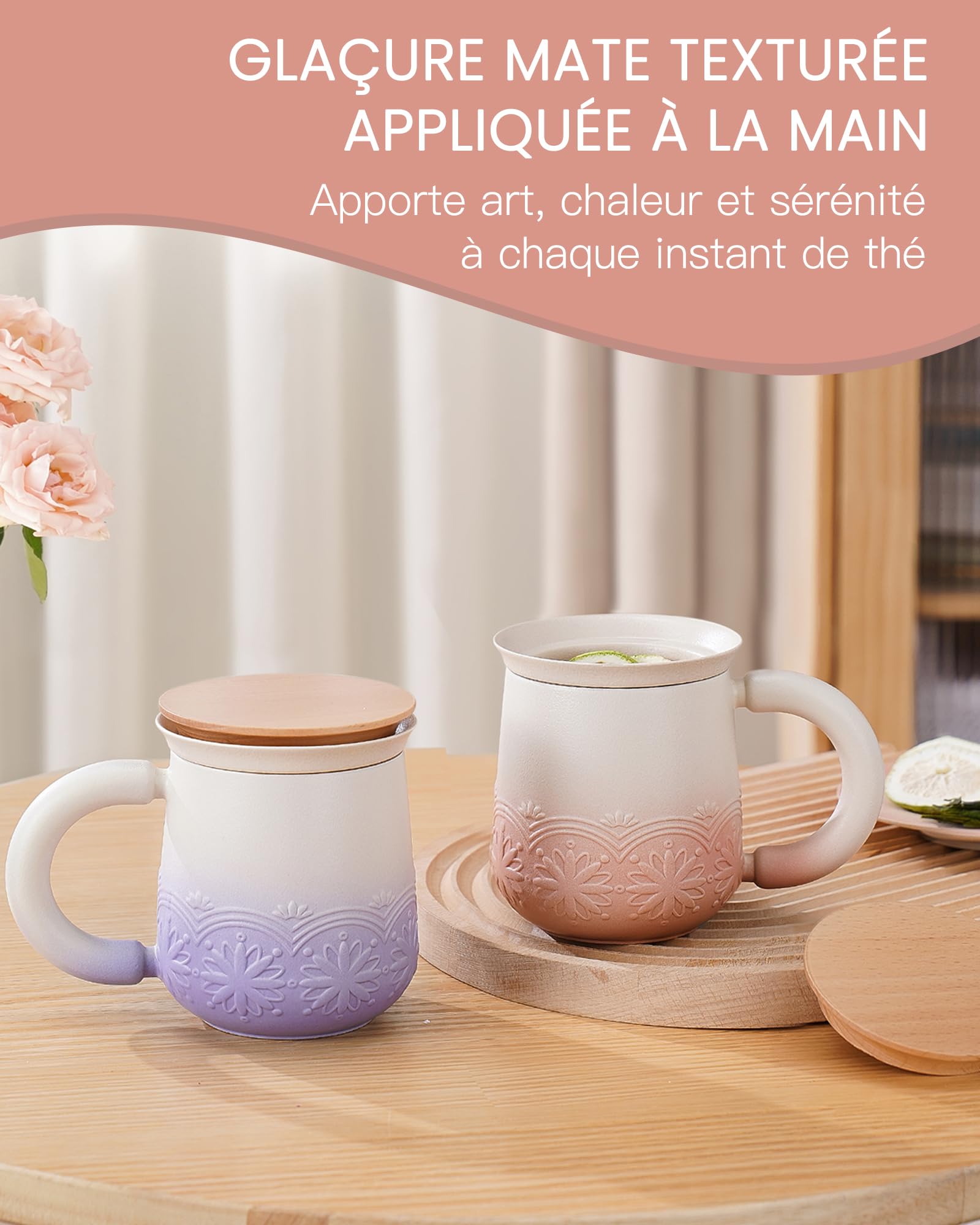 ZENS Taza de té con infusor y tapa, 330 ml - Taza de cerámica con relieve para té de hojas, tapa de madera, taza con filtro para amantes del té, rosa pálido