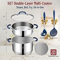 Vista 2 de ARC Olla de acero inoxidable de 6 cuartos con cesta de vapor, olla de vapor múltiple con tapa de vidrio templado para cocinar, utensilios de cocina