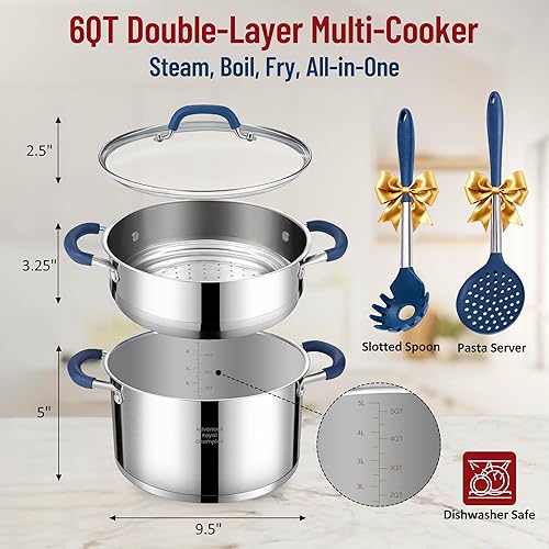 Miniatura 2 de ARC Olla de acero inoxidable de 6 cuartos con cesta de vapor, olla de vapor múltiple con tapa de vidrio templado para cocinar, utensilios de cocina