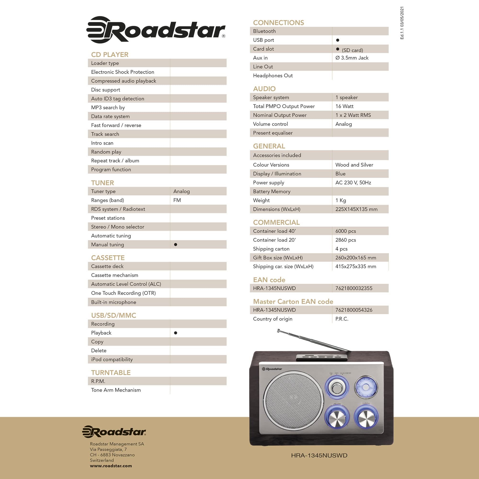 Roadstar HRA-1345NUSWD Vintage Radio FM Analoges, Tragbares, USB-Anschluss für MP3, SD-Kartenleser, 16W 1-Weg-Lautsprecher, Kompaktes Retro-Radio für Haus und Küche, LED-Beleuchtung, Holz