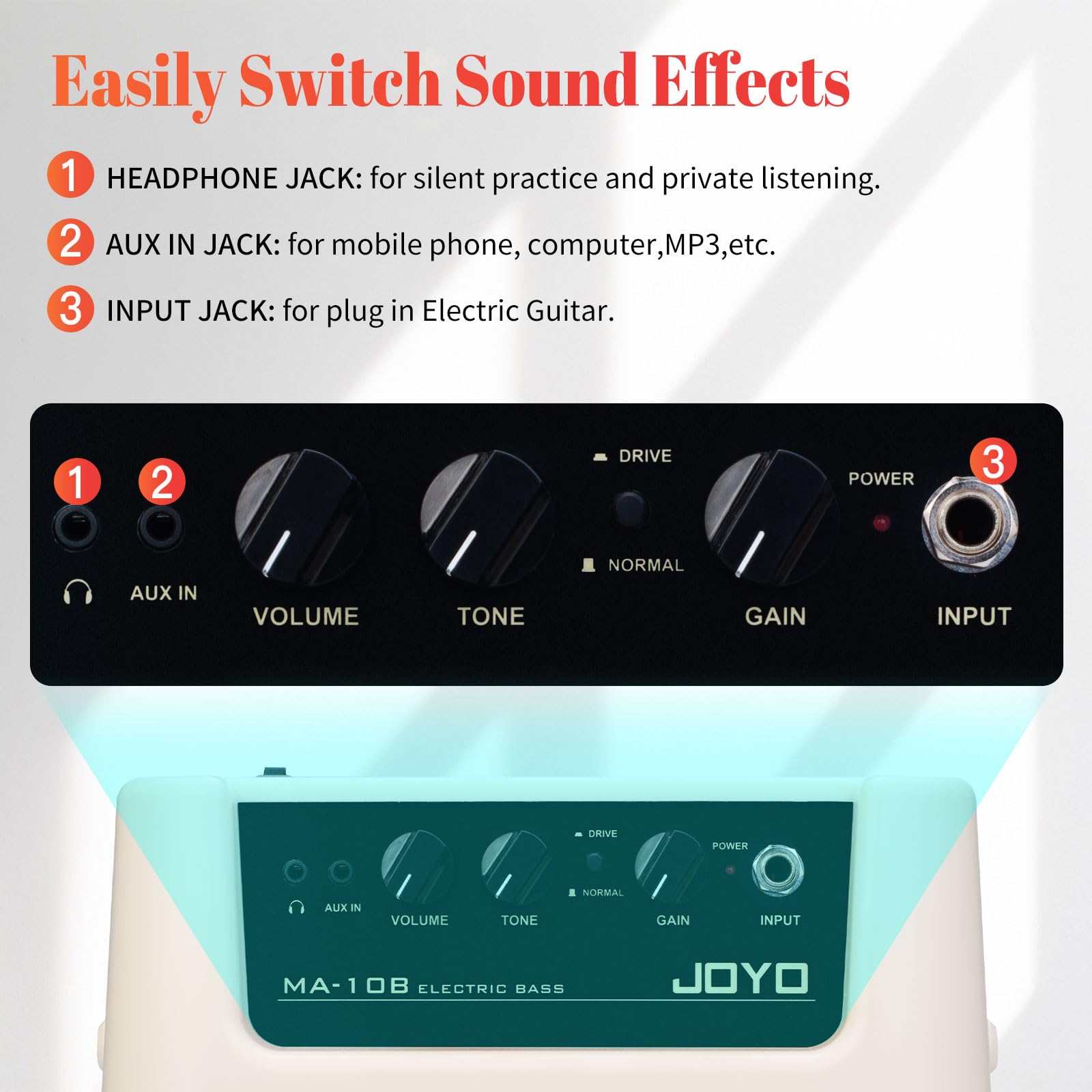 JOYO 10W Portable Bass Amplifier with 15ft Bass Guitar Cable Mini Bass Practice Amp Battery Powered Combo Bass Amp MA-10B Dual Channel (CMA10B) - Image 4