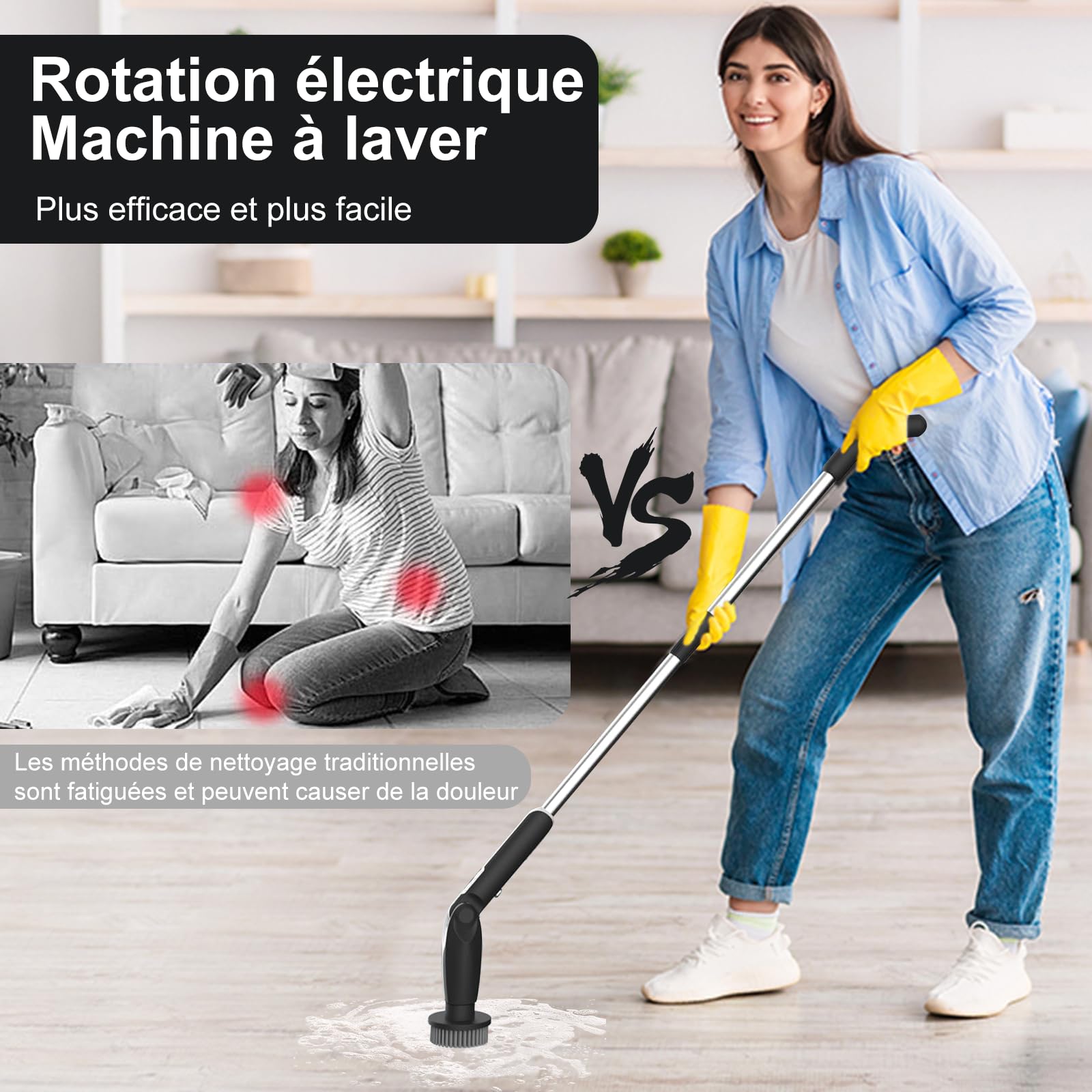 Likai Cepillo giratorio eléctrico, cepillo de ducha con mango largo y 8 cabezales de cepillo reemplazables, potente limpiador para baño, bañera, azulejos, lechada, suelo, cocina, coche, color negro