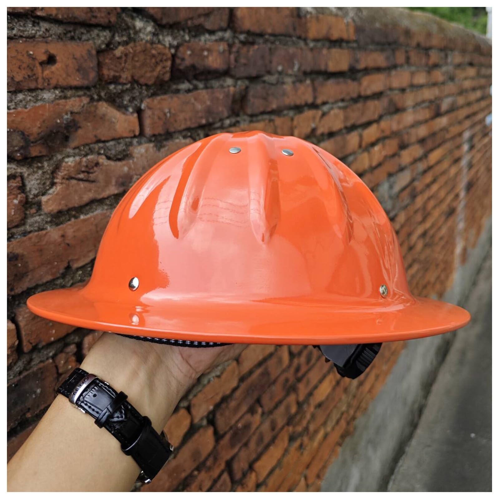 Hard Hat with Full Brim and Adjustable Shock-Absorbing Liner Rivet-Fastened Aluminum Hardhat with 4-Point Fastening for Use on Construction Sites