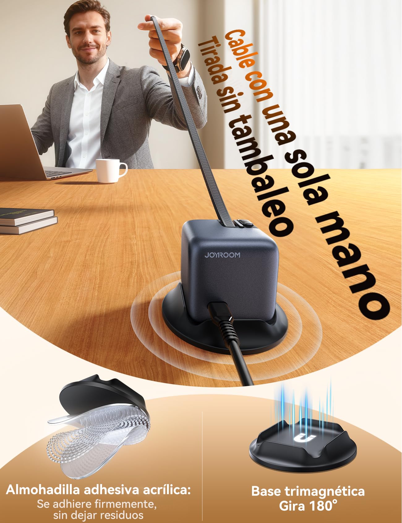 JOYROOM PODIX 5‑en‑1 Estación de Carga 140W GAN Ultra, Cargador con 2 Cables Retráctiles 100W (80 cm), Pantalla LCD Inteligente 1,54", Compatible con MacBook, iPhone, Samsung, Oficina y Hogar