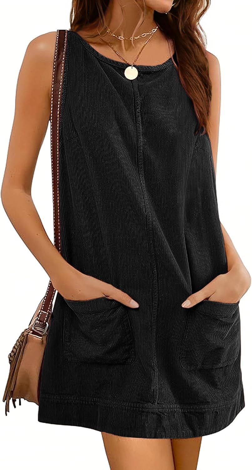 Hooever Women's Corduroy Overall Dress Round Neck A Line Skirtall Jumper Mini Dress Pinafore with Pockets