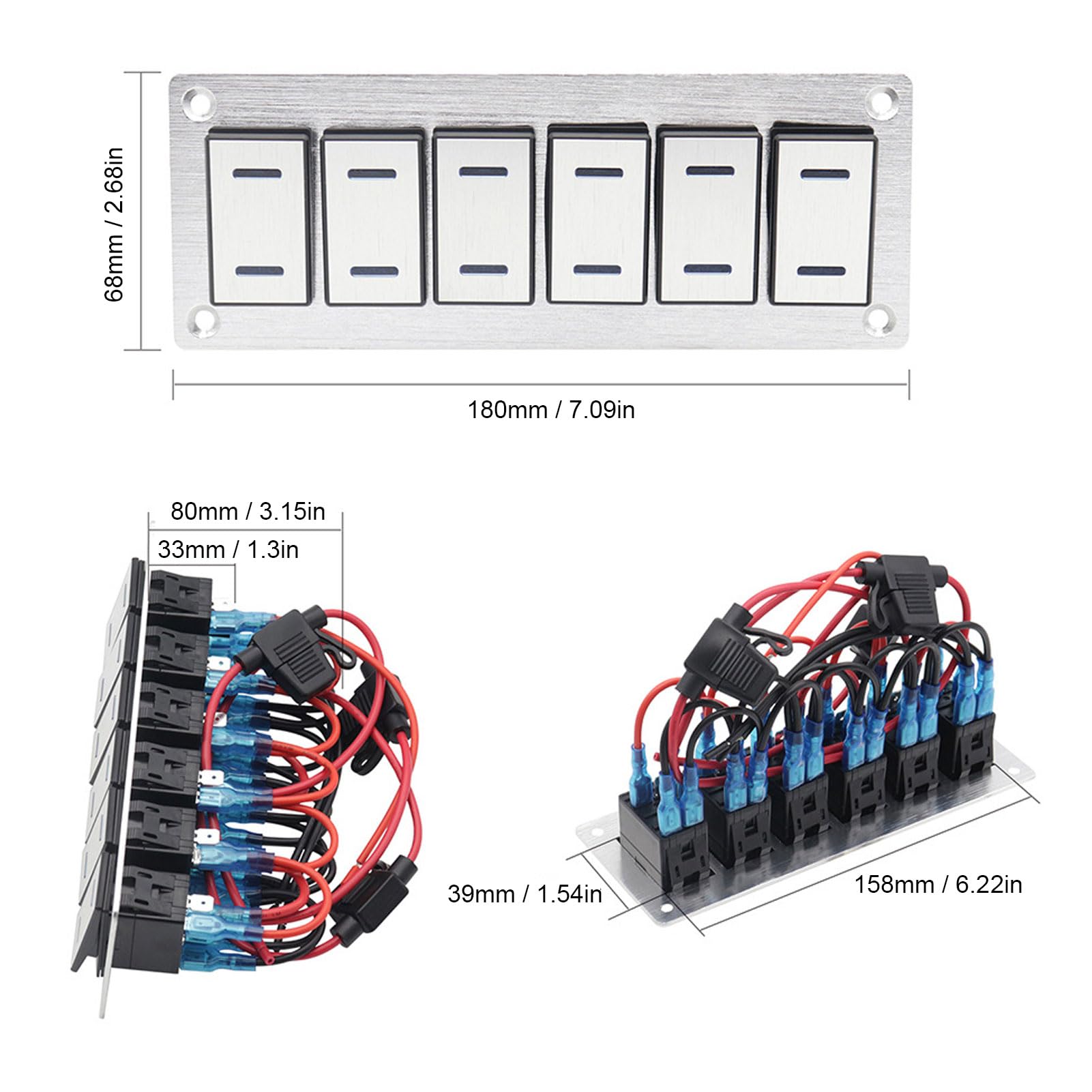 banapoy Pannello interruttori a levetta a 6 bande, DC 12-24V LED blu pannello interruttori a levetta in alluminio On Off, precablato per auto, barca, camion e RV