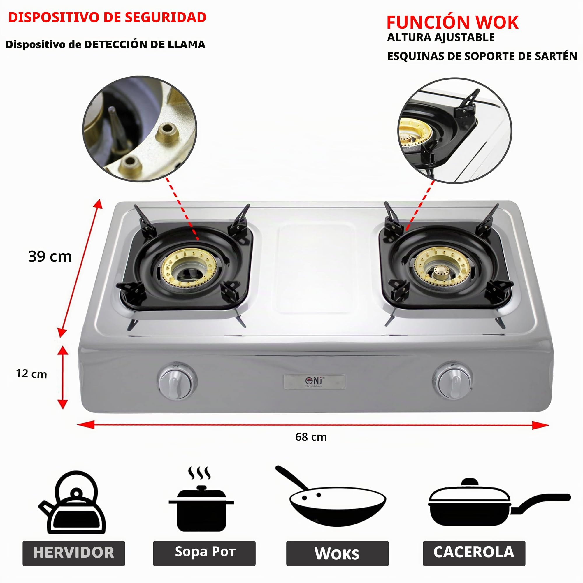 NJ NSD-2 Cocina de Gas Portatil - 2 Fuegos Hornillo para Interior GLP 7.2 kW