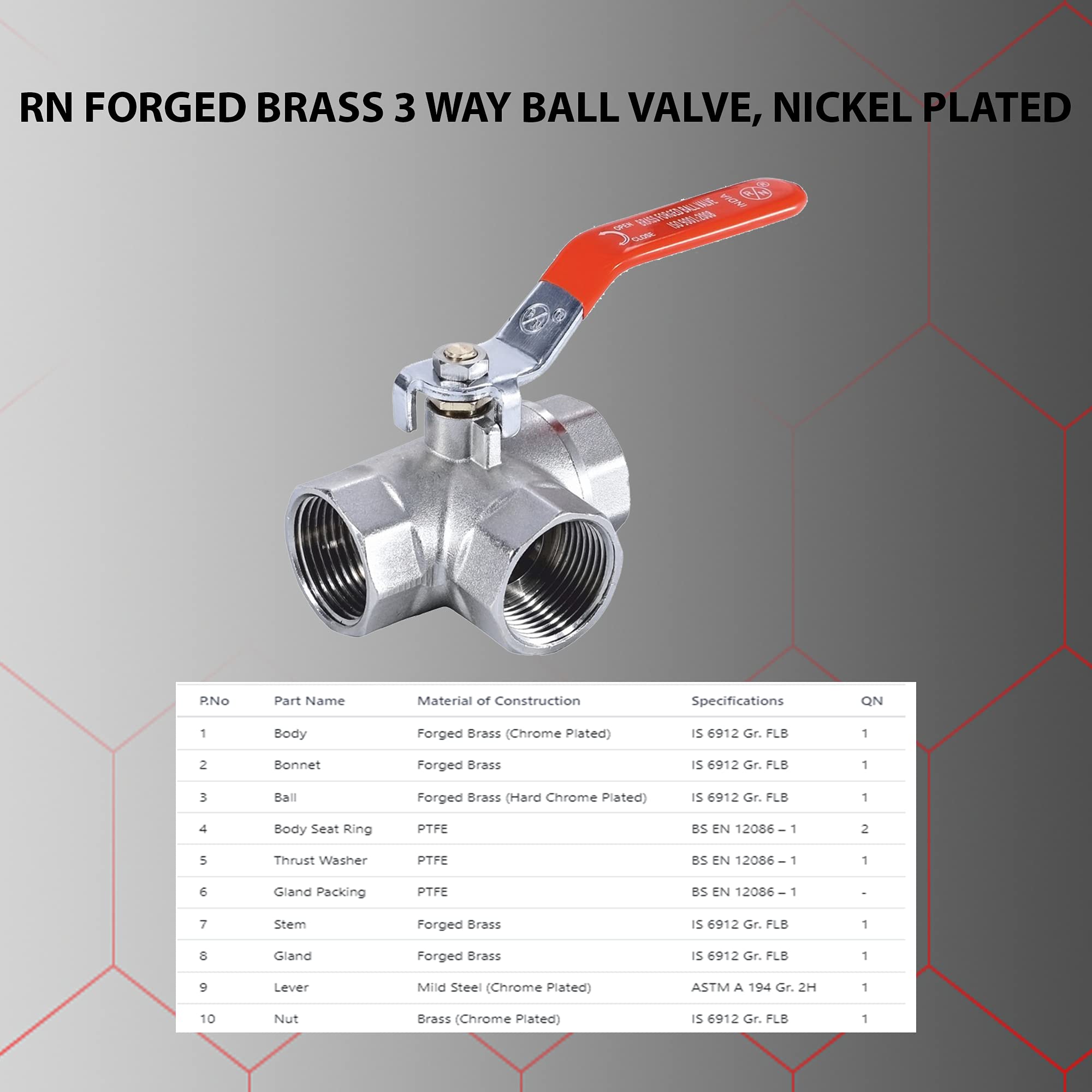 RN Forged Brass Three Way Ball Valve, Nickel Plated