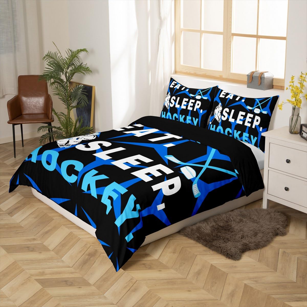 jejeloiu Kids Blue Ice Hockey Bedding Set Toddler Size Ice Sports Games Bedding Duvet Cover Set Decor Hockey Player Geometric Comforter Cover Set Lighting Geometry Bedspread Cover 2Pcs,No Comforter