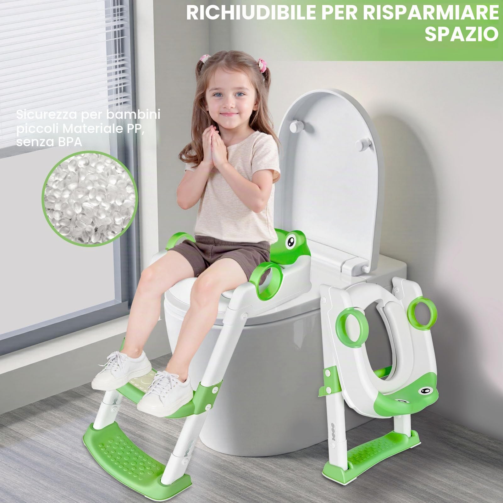 Riduttore WC Bambini,Sedile Wc per Bambini,Scaletta Wc per Bambini Pieghevole,Pieghevole Regolabile in Altezza, con PVC Morbida Seduta Imbottita, pedana antiscivolo anti-spruzzo,per V,U,O