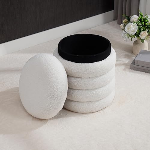 Miniatura 5 de DM Furniture Taburetes otomanos de sherpa de almacenamiento, color blanco, taburetes otomanos pequeños con reposapiés, tapizados, redondos, mesa de