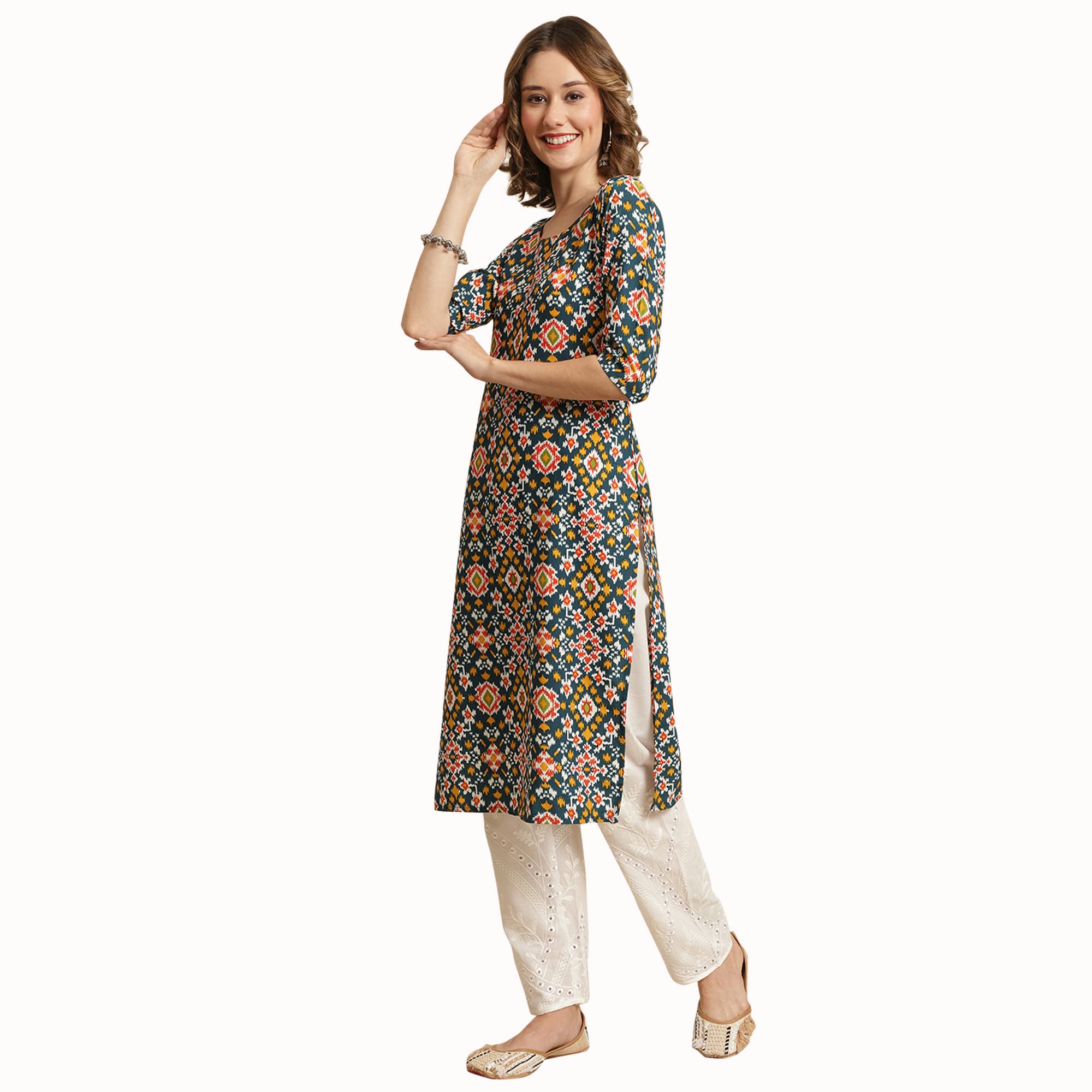Pinkmint Women's Crepe Multicolor Ethnic Motif Printed Straight Kurti (530383-S)