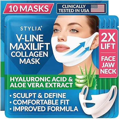 Stylia MaxiLift V-Line Lifting Collagen Face Mask - Advanced Double Chin Reducer - Jawline Shaper - Neck Firming and Tightening Mask with Hyaluronic Acid & Aloe Vera - Chin Strap for Sleeping (10PC)