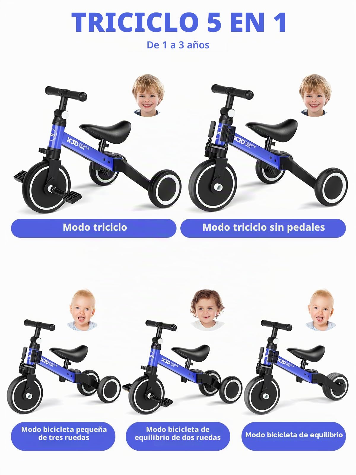 XJD 3 en 1 Triciclo Evolutivo de Bebé para Niños de 1-3 años, Triciclo a Bicicleta bebé con o sin Pedales, Bicicleta Niño con Asiento y Manillar Ajustables, Adaptable y Transformable, Marrón