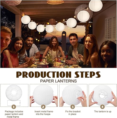 Miniatura 3 de Treela Paquete de 90 faroles de papel chinos japoneses blancos decorativos colgantes de bola, faroles redondos de papel para bodas, fiestas de