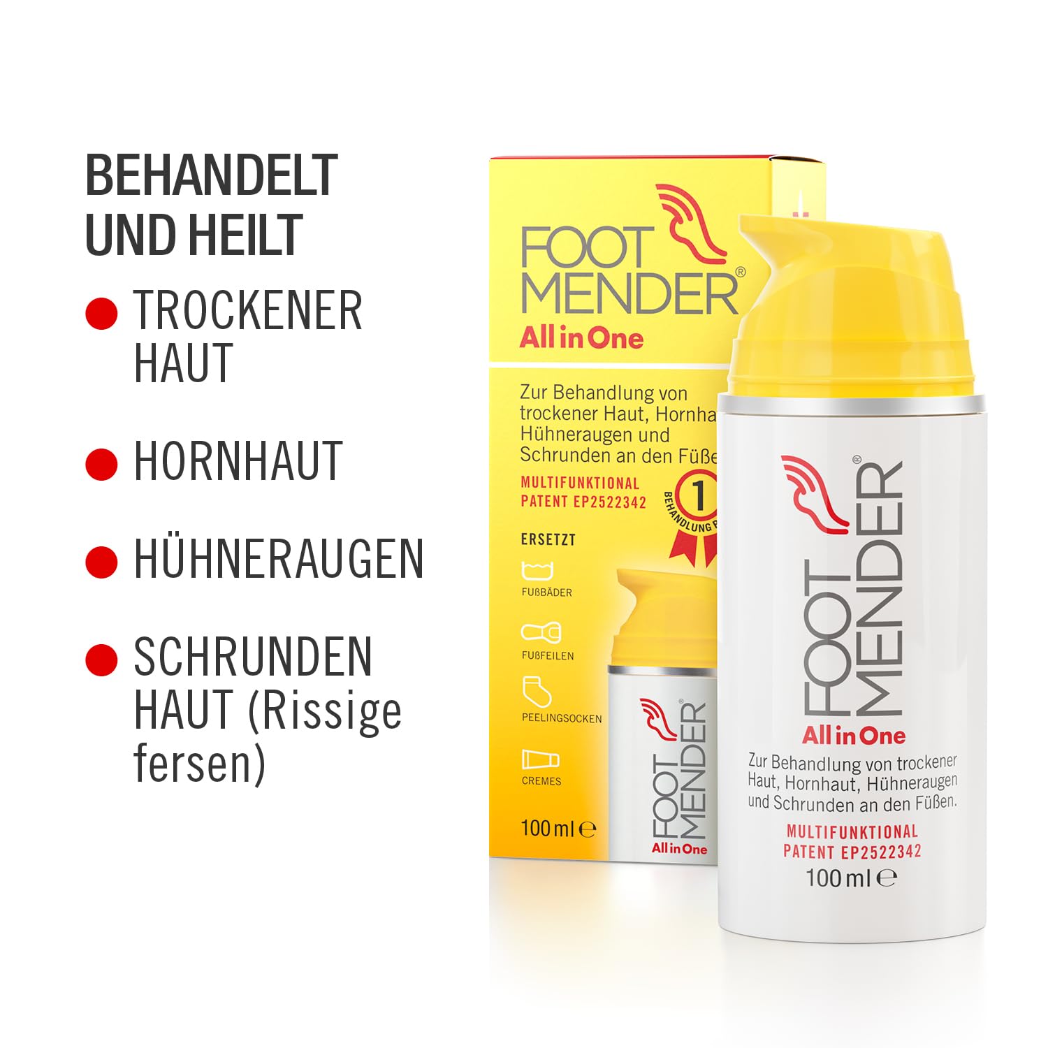 Footmender All in One Fußbehandlung, 100 ml | Behandelt trockene Füße, Gegen Hornhaut und Hühneraugen, Heilt Schrunden, Signifikante Wirkung nach erster Behandlung
