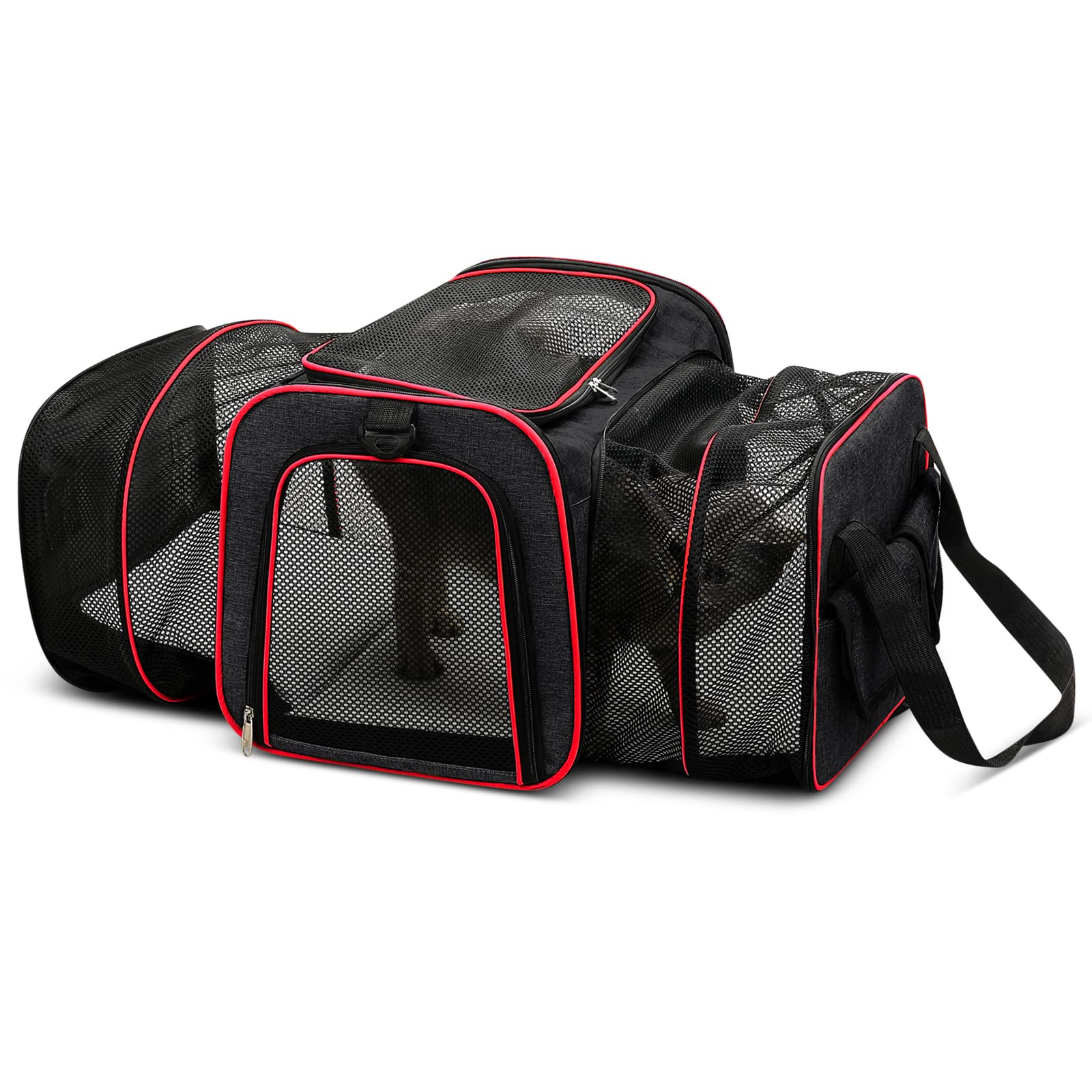 ALLSOPETS Transportín Gato Perro Extensible, Bolsa de Transporte para Mascotas Plegable Transpirable con Colchón Suave para Coche Avión Viaje Tren Negro