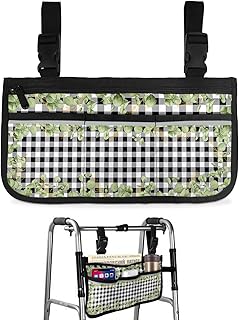 Tropical Leaves Wheelchair Side Bag Walker Bag, Summer Green Plants Black Buffalo Plaid Wheelchair Accessories Armrest Pouch, Organizer Storage Bag for Walkers, Rollators, Scooters, 7.3'x13'