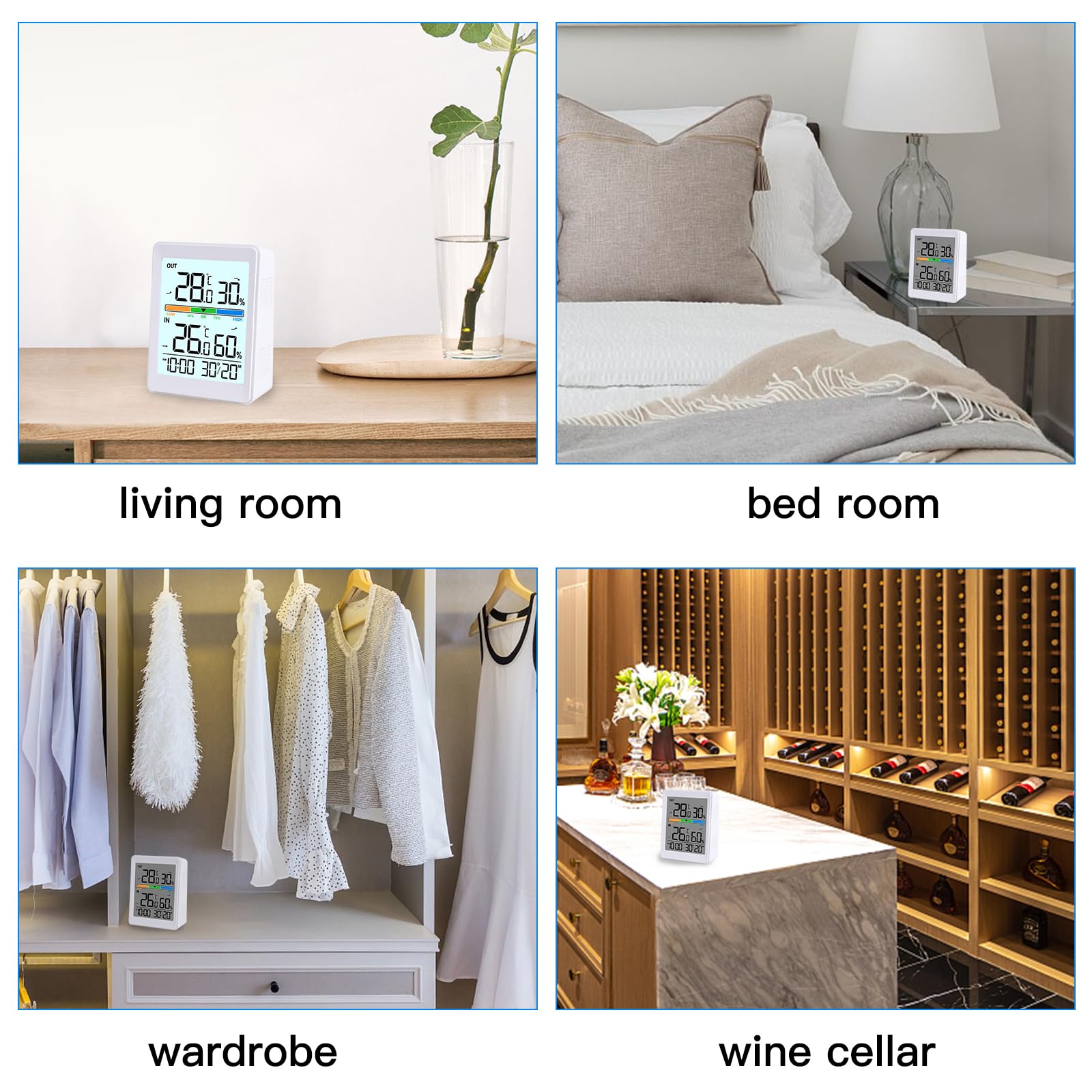 Thermomètre Intérieur Extérieur Sans Fil avec Humidité, Horloge, Date, Rétroéclairage Intelligent, °C/°F Commutable