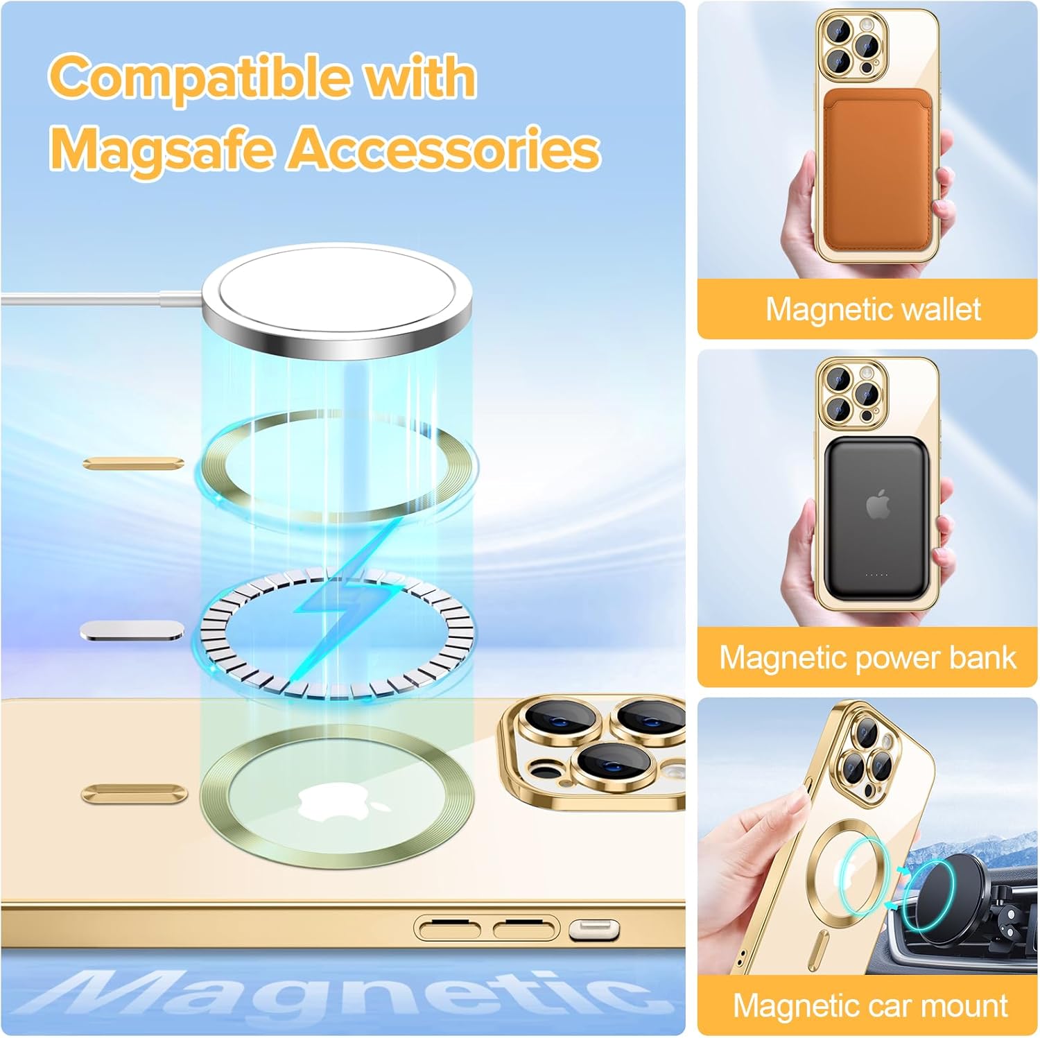 Hython Magnetic Clear for iPhone 13 Pro Case with Camera Lens Protector [Compatible with MagSafe] Luxury Plating Edge Slim Soft TPU Cover Protective Phone Case for iPhone 13 Pro 6.1", Gold - Image 3