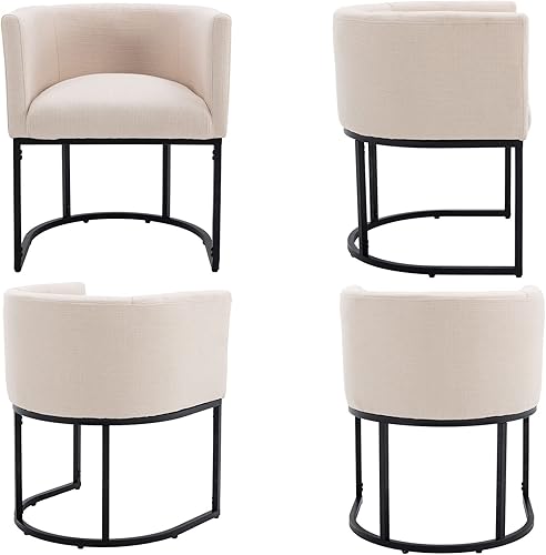 Miniatura 7 de VESCASA Silla de comedor tapizada de lino con respaldo de barril, silla acolchada moderna de mediados de siglo con marco de metal negro para cocina,