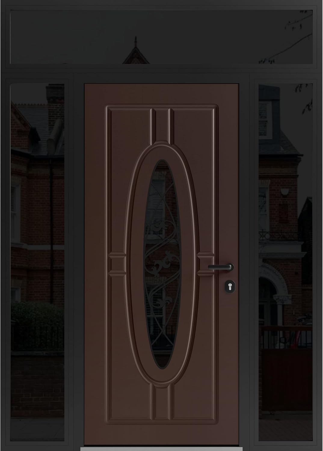 VDOMDOORS Front Exterior Prehung Steel Door/Ronex 1277 Brown / 2 Side and Top Exterior Window Sidelite/Entry Metal Modern Painted W14+36+14" x H80+16" Left Hand Inswing