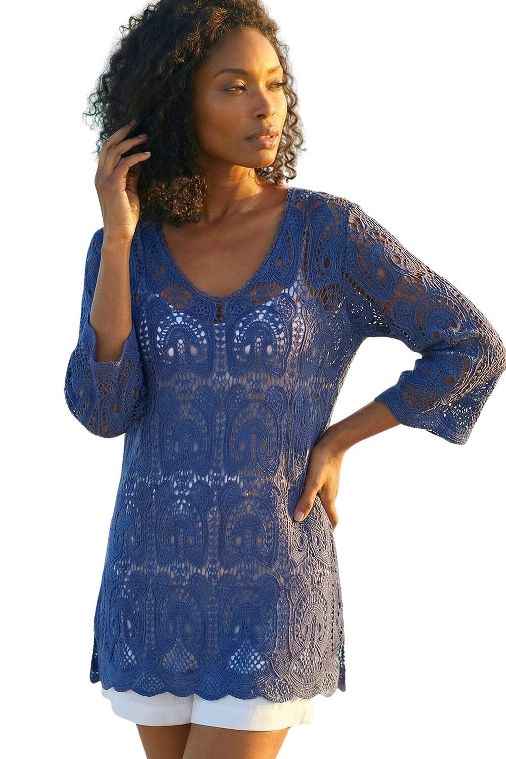 Roman - Women's Tunic Top - Crochet - Cotton - Navy - Size 12
