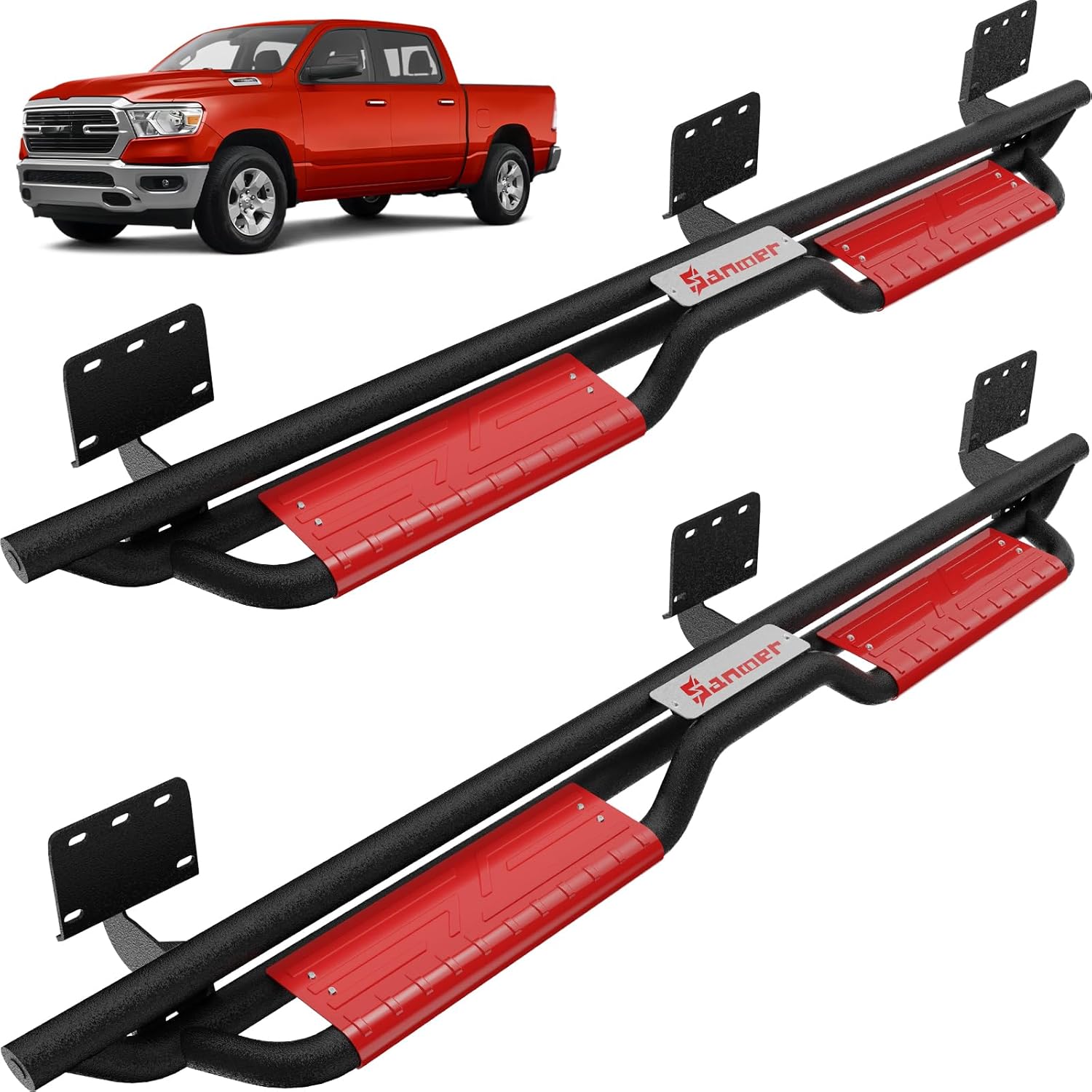 Sanooer 6-Inch Running Boards for 2019-2026 Dodge Ram 1500 Crew Cab (Excluding 2019-2024 Classic), Black Carbon Steel Two Stairs Design Side Steps Nerf Bars for Dodge Ram 1500 New Body (Red Steps)